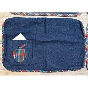 Set Of 4 Vintage Denim Placemats Plaid Trim W/ Apple Pocket W/ Napkin 17x12